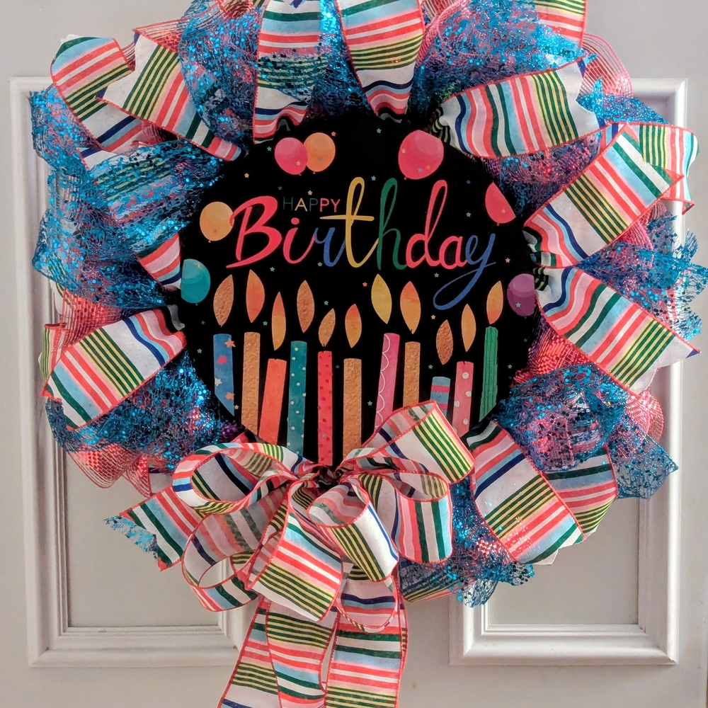 Hand Crafted Multicolor Birthday Wreath with Striped Ribbons